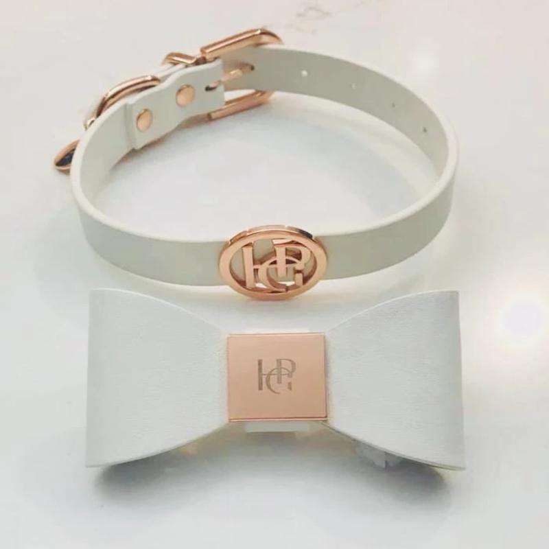 Leather Collar Bow Rose Gold Dusk Dog - Krumpetz